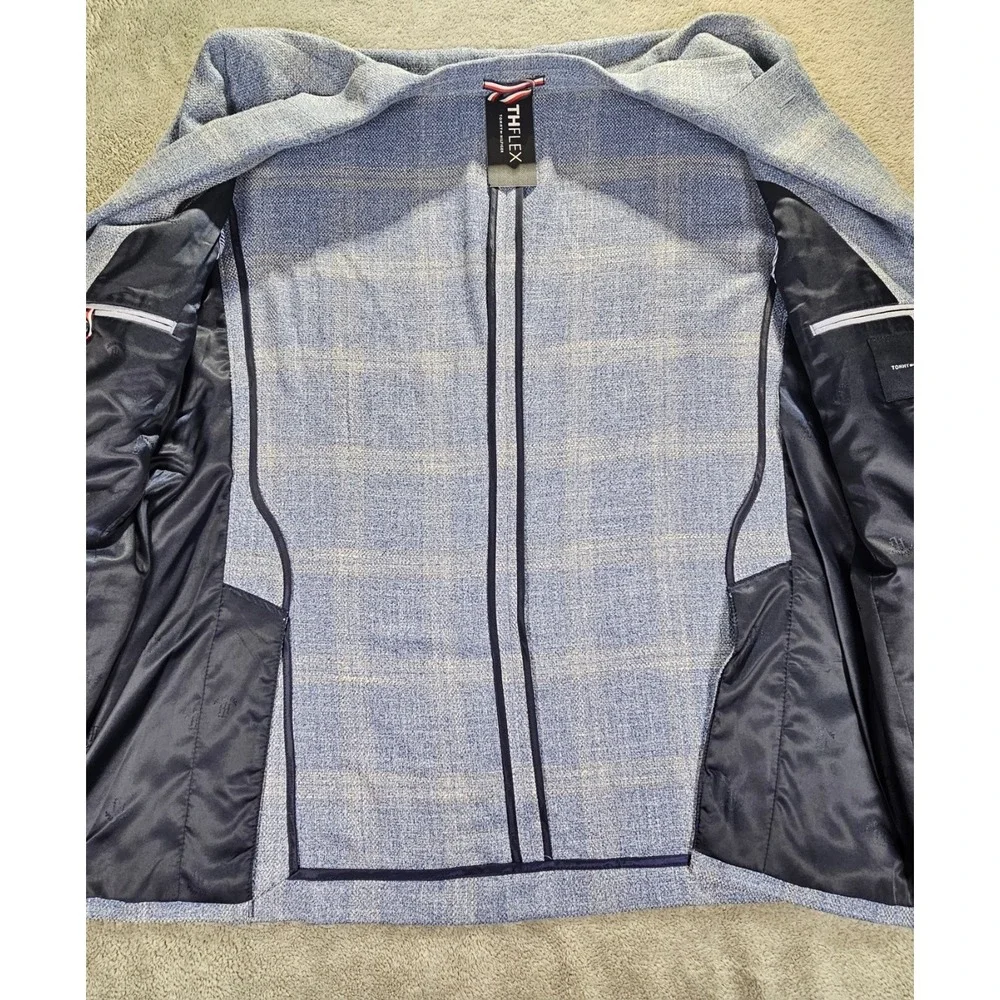 Tommy Hilfiger THFLEX Mens Light Blue Plaid Sport Coat Blazer 46R New
